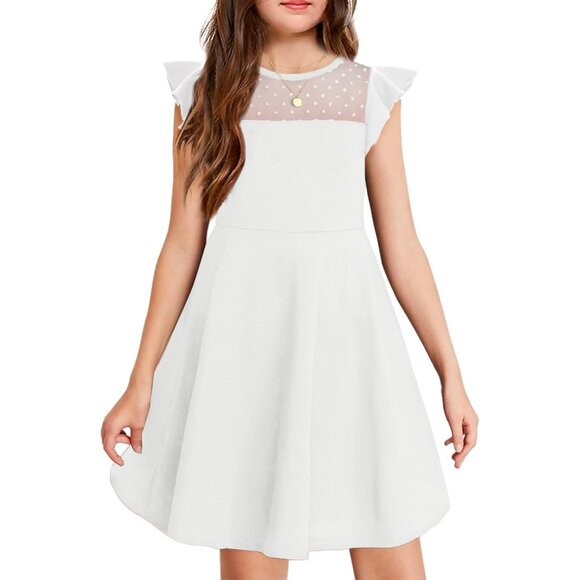 🆕Girls White Polyester Summer Ruffle Sleeve Mesh A Line Casual Party Dress - Picture 1 of 8